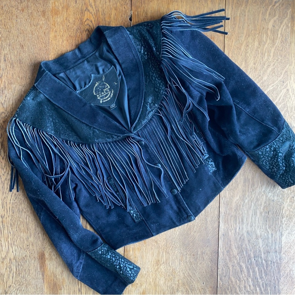 Vintage Black Leather Fringe Jacket Snake 🐍 Trim